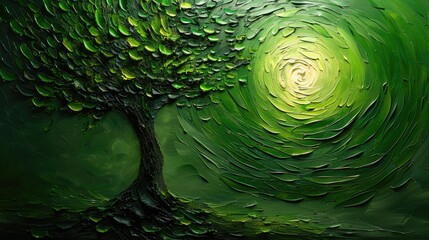 A dynamic abstract oil painting of a tree, highlighting green leaves and artistic branches, set against a rich, imaginative background on canvas.