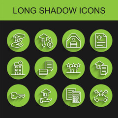 Set line House key, Realtor, with shield, Calculator, Car sharing, Credit card, contract and estate icon. Vector