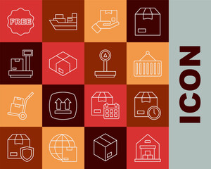 Set line Warehouse, Cardboard box with clock, Container on crane, Delivery hand, Carton cardboard, Scale, rice tag Free and icon. Vector