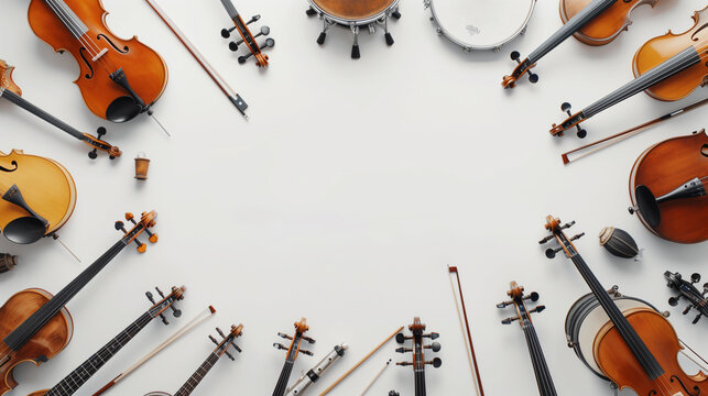 String instruments arranged in a frame on a white background offer a diverse selection as background for musical concepts with copy space