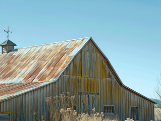 Obraz premium Rustic wooden barn with weathered roof, blue sky background, countryside scenery