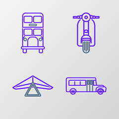 Set line School Bus, Hang glider, Scooter and Double decker bus icon. Vector
