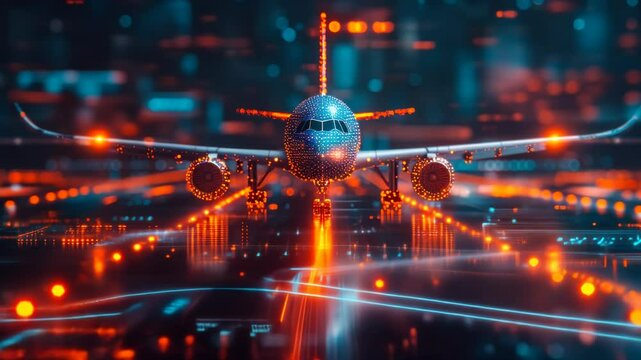 Futuristic Airliner with Digital Network Connectivity Over Illuminated Smart Cityscape at Night Symbolizing Advanced Air Travel Technology and Urban Innovation