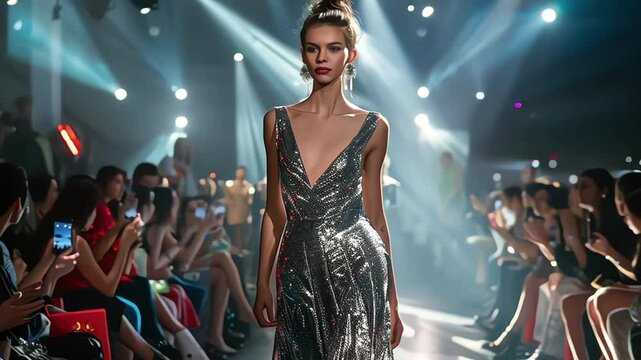 In the spotlight at high fashion week, the Asian fashion model struts the runway in stunning metallic silver clothing, embodying modern elegance and avant-garde style