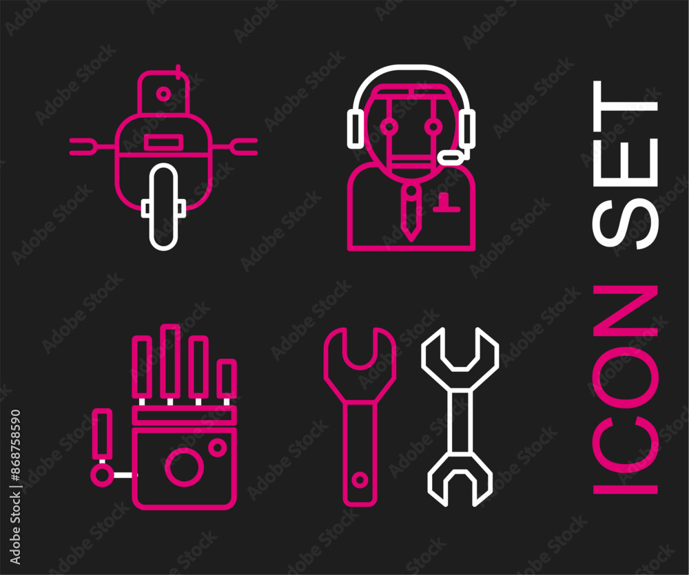 Poster set line spanner, mechanical robot hand, worker and robot icon. vector