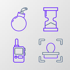 Set line Face recognition, Walkie talkie, Old hourglass and Bomb ready to explode icon. Vector