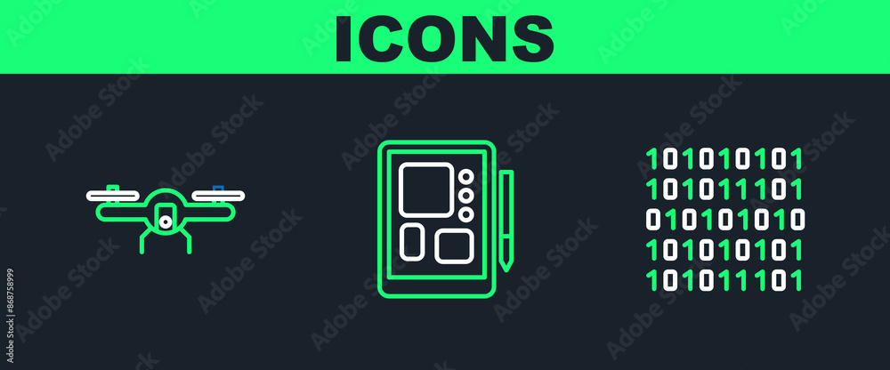 Poster set line binary code, drone flying and graphic tablet icon. vector