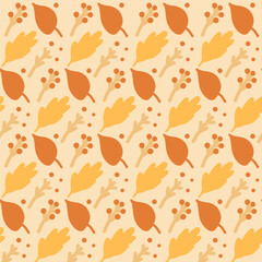Autumn leaves seamless pattern. Fall forest foliage repeat background. Vector hand drawn flat illustration.