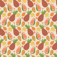 Fruits seamless pattern. Tropical pineapple, papaya and guava with mango repeat cover. Exotic sweet cut and whole fruit food endless background. Vector hand drawn illustration.