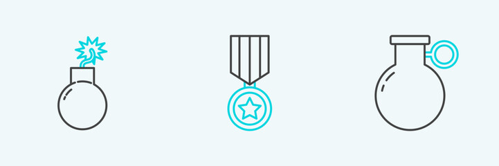 Set line Hand grenade, Bomb ready to explode and Military reward medal icon. Vector