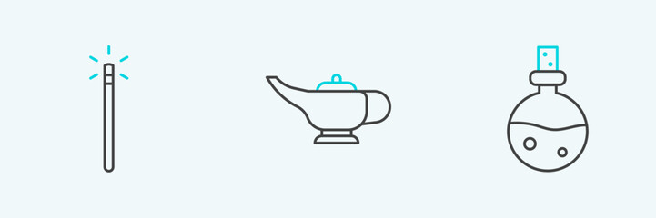 Set line Bottle with love potion, Magic wand and lamp or Aladdin icon. Vector