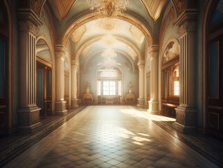 Obraz premium Luxury Interior of Royal Palace. White, Blue and Gold Marble Castle Hall in classic style. Palace Interior background. Beautiful Wedding Background 