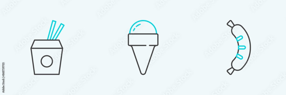 Poster Set line Hotdog, Asian noodles and chopsticks and Ice cream in waffle cone icon. Vector