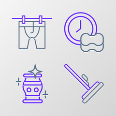 Set line Mop, Clean vase, Washing dishes and Drying clothes icon. Vector