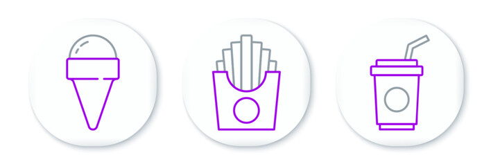 Set line Paper glass with straw, Ice cream in waffle cone and Potatoes french fries box icon. Vector