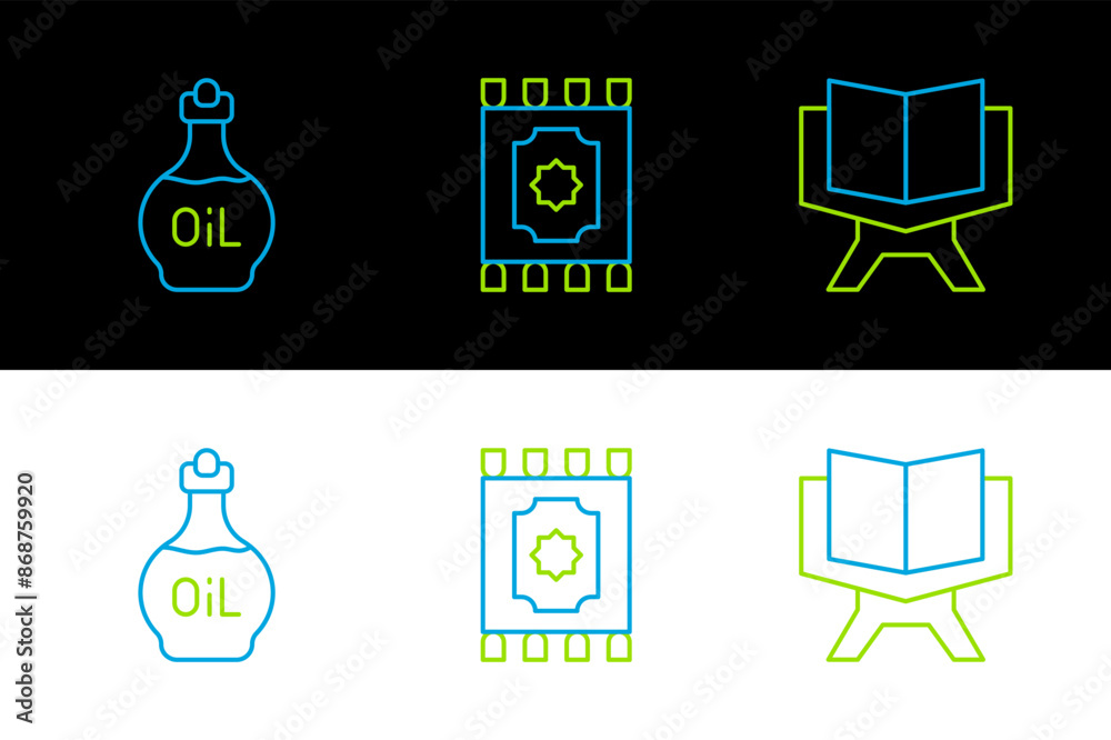 Poster set line holy book of koran, essential oil bottle and traditional carpet icon. vector