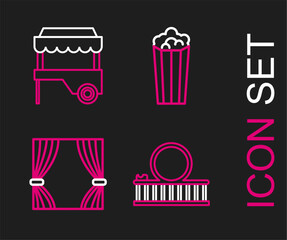 Set line Roller coaster, Curtain, Popcorn cardboard box and Fast street food cart with awning icon. Vector