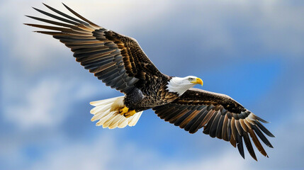 Naklejka premium Majestic Bald Eagle Flying High in a Clear Blue Sky