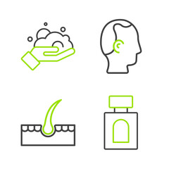 Set line Aftershave, Human hair follicle, Baldness and Shaving foam on hand icon. Vector
