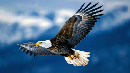 Obraz premium Majestic Bald Eagle Flying High in a Clear Blue Sky