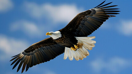 Obraz premium Magnificent Bald Eagle Flying High in a Clear Blue Sky