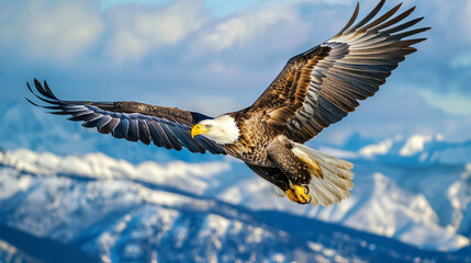 Obraz premium Magnificent Bald Eagle Flying High in a Clear Blue Sky