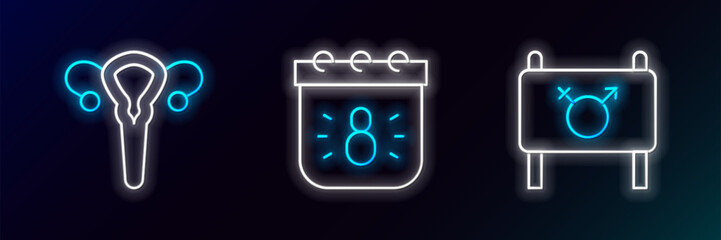 Set line Feminist activist, Female reproductive system and Calendar with 8 March icon. Glowing neon. Vector