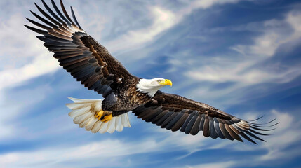 Obraz premium Powerful Bald Eagle in Flight with Blue Sky Background