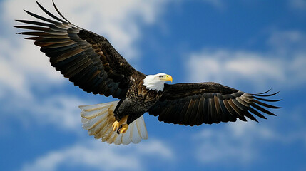 Fototapeta premium Powerful Bald Eagle in Flight with Blue Sky Background