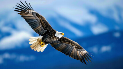 Obraz premium Bald Eagle Soaring Majestically Against Clear Blue Sky