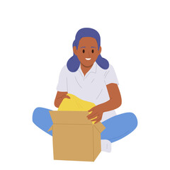 Happy smiling teenage girl cartoon character unpacking cardboard box with stuff sitting on floor