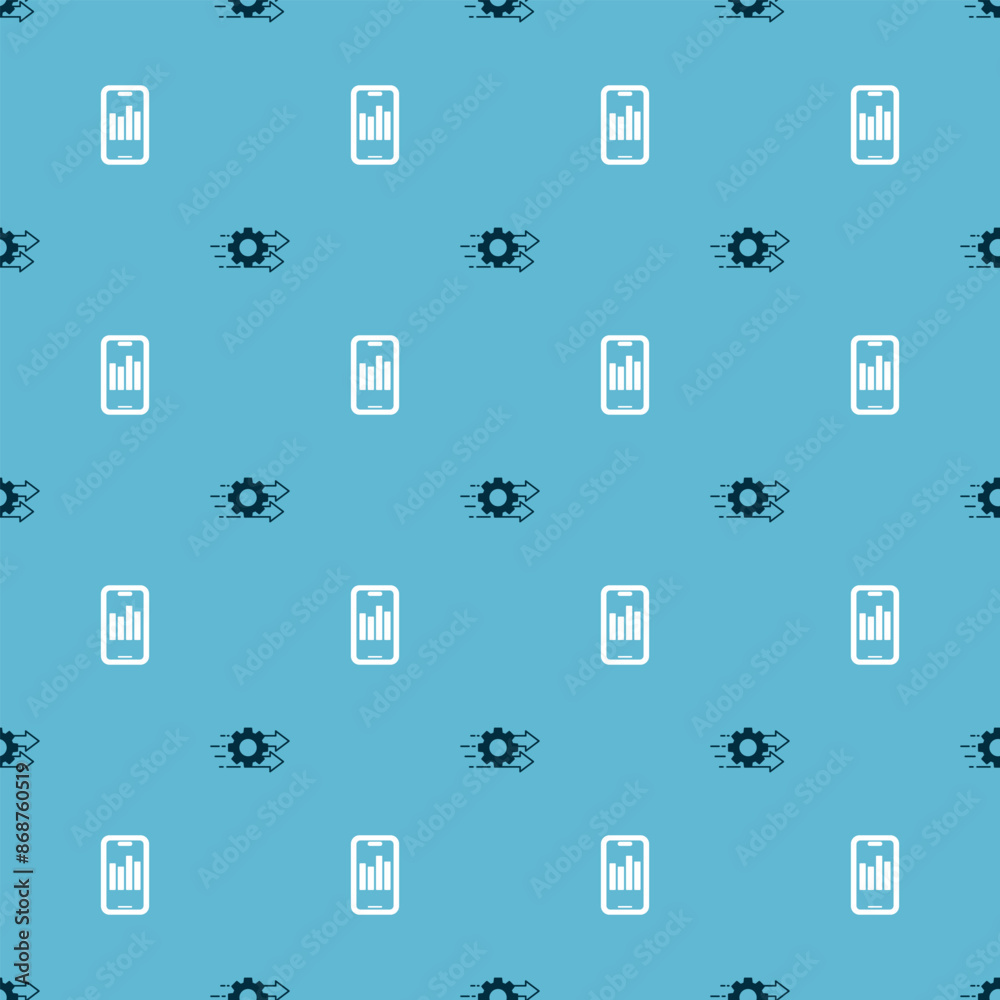 Poster set time management and mobile with graph on seamless pattern. vector