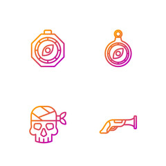 Set line Vintage pistol, Pirate captain, Compass and . Gradient color icons. Vector