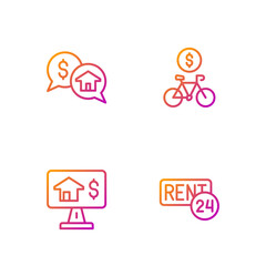 Set line Rent, Online real estate, Price negotiation and Bicycle rental mobile app. Gradient color icons. Vector