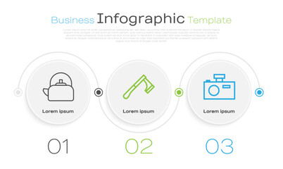 Set line Kettle with handle, Wooden axe and Photo camera. Business infographic template. Vector