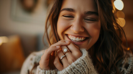Young woman displays a radiant smile while proudly showing off her sparkling new diamond engagement ring
