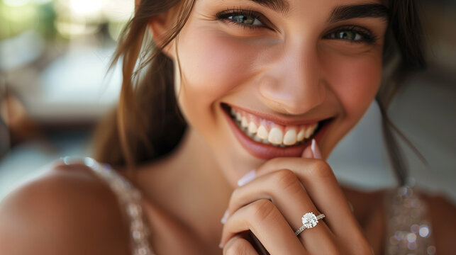 Young woman displays a radiant smile while proudly showing off her sparkling new diamond engagement ring