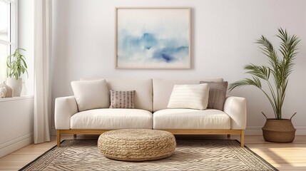 Beige Bliss interior design. Living Room Exudes Tranquility with a Comfortable Sofa and Striking Oil Painting, Blending Rustic Accents with Light Neutrals to Create an Inviting Haven of Relax