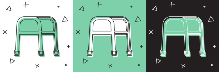Set Walker for disabled person icon isolated on white and green, black background. Vector