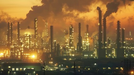Fototapeta premium Industrial refinery at sunset with smokestacks and bright lights.