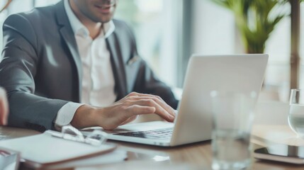 Professional manager finalizing a business deal on a laptop with the client observing in the office. Mid aged manager successful deal