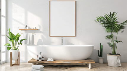 Fototapeta premium bathroom wall poster mockup. Interior mockup with house background. Modern interior design. 