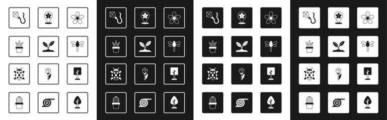 Set Flower, Sprout, Plant in pot, Kite, Dragonfly, Location with flower, Forest and Ladybug icon. Vector