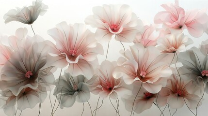   A close-up of a bouquet of flowers on a white backdrop, featuring pink and grey petals in the center of the frame