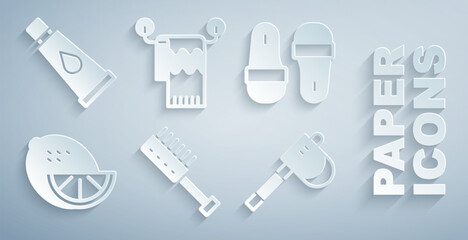 Obraz premium Set Sauna brush, slippers, Lemon, Wooden axe, Towel hanger and Cream or lotion cosmetic tube icon. Vector