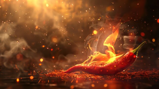 Fiery red chili pepper engulfed in flames with a smoky background