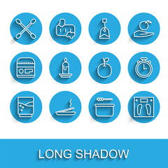 Set line Glass with water, Scented spa stick, Cotton swab for ears, Sauna bucket and ladle, Bathroom scales, Burning candle, Stopwatch and Apple icon. Vector