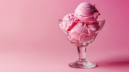 Three scoops of pink strawberry ice cream in a glass dessert bowl.