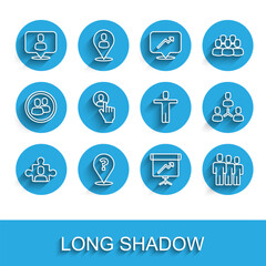 Fototapeta premium Set line Project team base, Question mark, Head hunting, Chalkboard with diagram, Users group, and icon. Vector