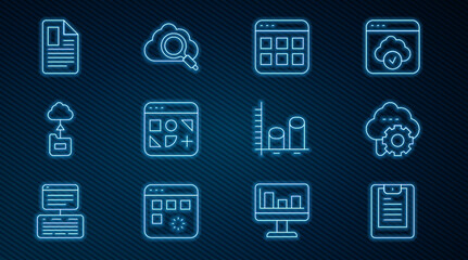 Set line Server, Data report, Cloud technology data transfer, Browser files, Different, File document, analysis and Search cloud computing icon. Vector
